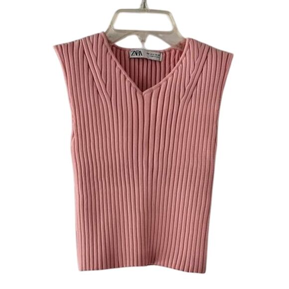 ZARA Pink Ribbed Knit Sleeveless Tank Top Women’s Medium V-Neck Cropped - Picture 5 of 12